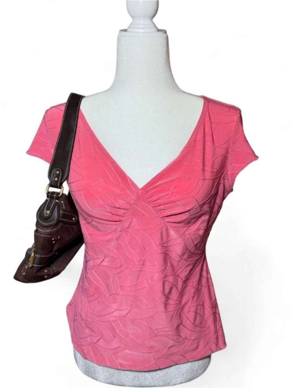 Y2K Sexy Low Cut Textured Pink V-Neck Short Sleeve Top
